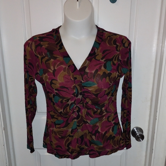 New York & Company Vintage Floral Cinched V neck Long Sleeve Sz XL - Picture 1 of 7